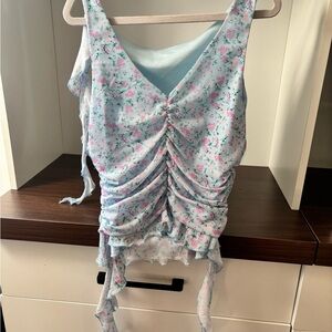 Light Blue Floral Ruched Tank Top